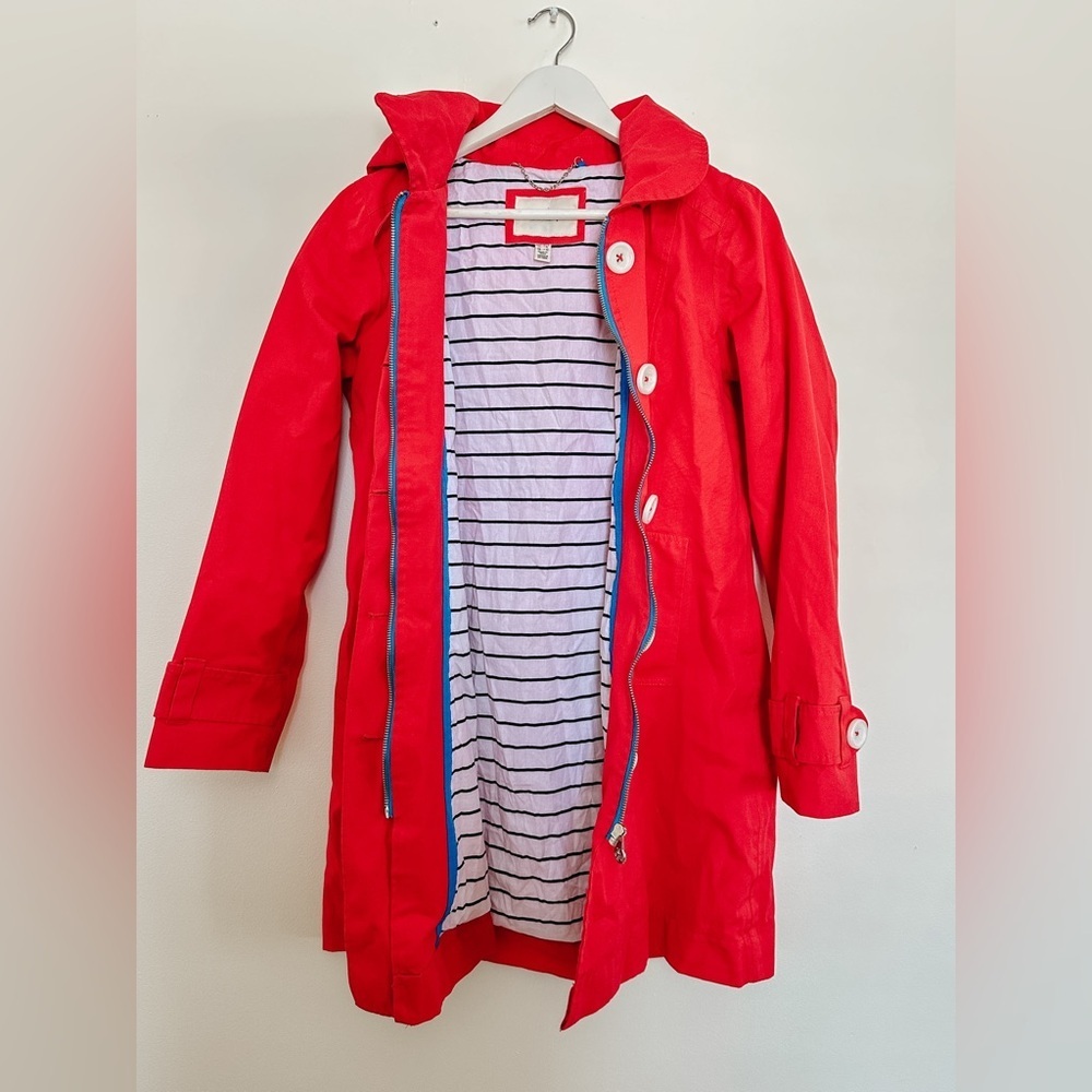 “Hatley”Red Trench Coat - Detachable Hood - Zip Front - Stripped Lining - Size 8 - Picture 7 of 15
